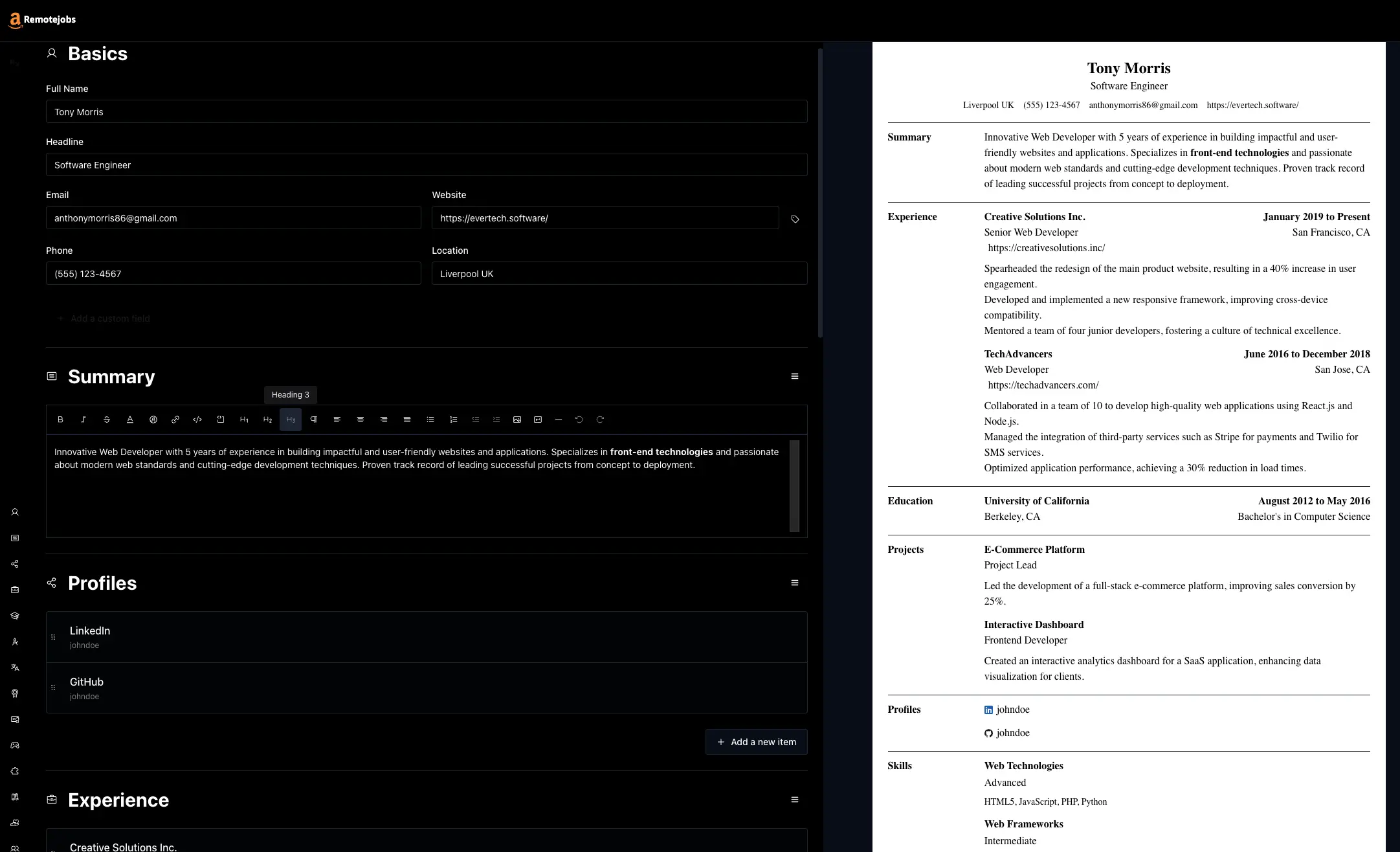 Resume Builder Example